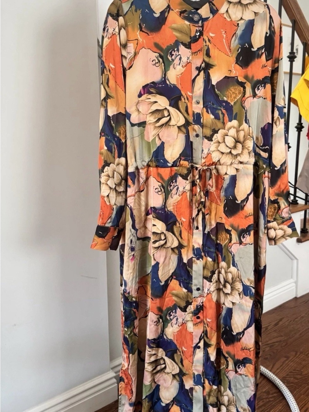 Soulmates Floral Button-Front Long Dress in Orange, Navy & Cream